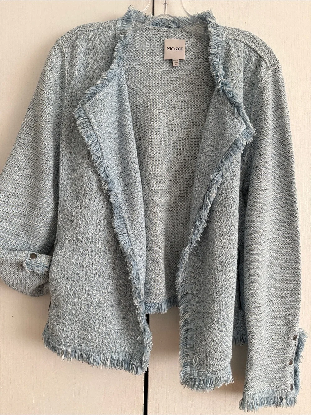NIC+ZOE Fringe Mix Knit Jacket Open Front Blazer Sz L Preppy Office Church